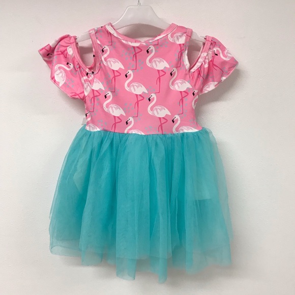 Little Girl Dress Kids Flamingo Cold Shoulder Tutu Tulle Girl Dress Summer Party - Picture 2 of 6